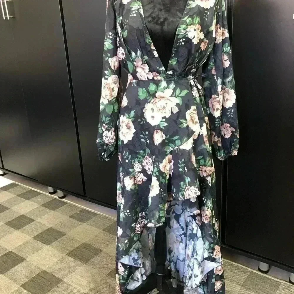 Lulus Feeling Cherished black Floral Ruffled Wrap Tiered Maxi Dress